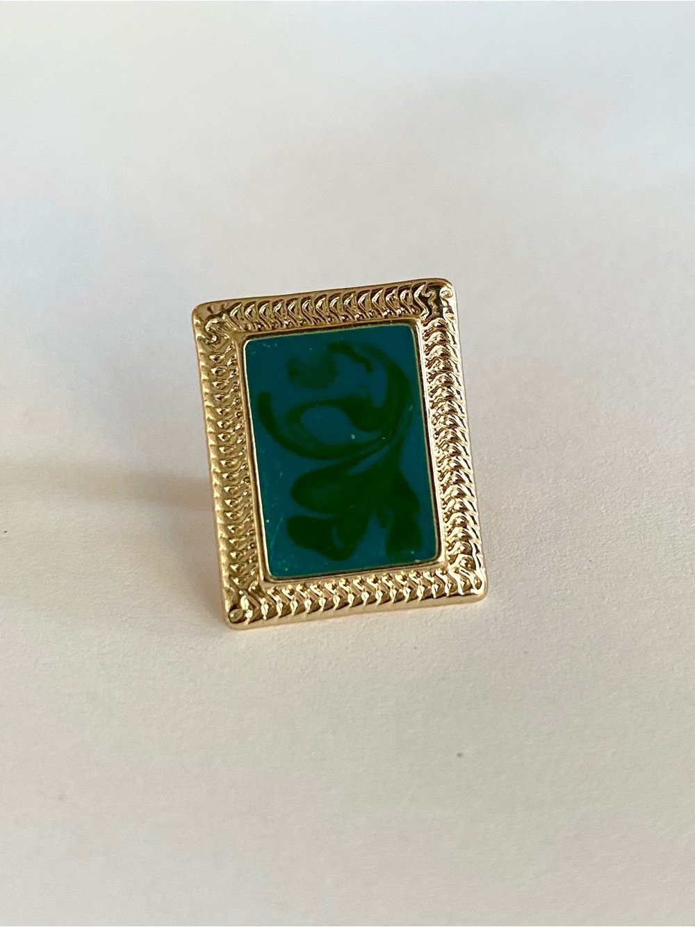 Vintage Gold Tone Green Resin Rectangle Stud Earring Carved Intaglio Cameo Style